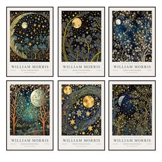 four books with illustrations of stars and the moon in them, all written by william morse