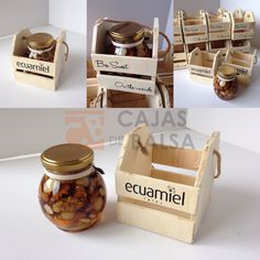 several pictures of jars with nuts in them and some empty ones on the table next to each other