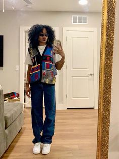 Masc Black Girls Outfits, Style Inspiration Layering, Y2k Teacher Outfits, Artsy Black Girls Aesthetic Outfits, Masculine And Feminine Outfits, Colorful Vest Outfit, Queer Fall Outfits, Kali Uchis Outfits Concert Ideas, Earthy Masc Outfits