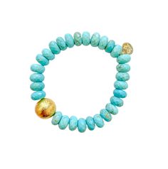 Introducing the exquisite Blue Turquoise Stretch Bracelet by M Donohue Collection, a timeless and elegant piece handcrafted with meticulous attention to detail in the United States. This beautiful stretch bracelet features stunning blue turquoise beads delicately complemented by a single gold-plated copper bead and is a testament to the artistry and passion of a woman-owned company. Elegant Turquoise Stretch Bracelet With Natural Stones, Gold Beaded Amazonite Bracelets, Turquoise Faceted Beaded Bracelets, Faceted Turquoise Beaded Bracelets, Elegant Turquoise Stretch Bracelet With Spacer Beads, Gold Beaded Bracelets With Amazonite Round Beads, Gold Amazonite Round Beaded Bracelets, Turquoise Stretch Bracelet With Faceted Beads, Spiritual Turquoise Stretch Bracelet With Faceted Beads