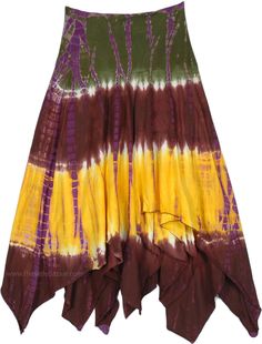 Freshen up your day with this lemon and multicoloured long tie-dye pattern asymmetric boho skirt.  Made with a nice jersey cotton fabric which gives a lovely flare to the piece, the skirt looks great when you walk. #tlb #HighLow #Handkerchief #TieDye #bohemianfashion #Handmade #Coolhippieskirt #festivalskirt Summer Tie Dye Flowy Skirt, Bohemian Batik Print Skirt For Summer, Summer Bohemian Batik Print Skirt, Bohemian Batik Print Summer Skirt, Flowy Tie-dye Skirt For Summer, Bohemian Cotton Skirt With Asymmetrical Hem, Summer Cotton Bottoms With Batik Print, Tie Dye Long Skirt For Summer, Summer Tie Dye Long Skirt