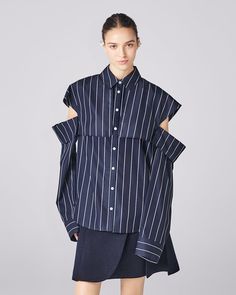 Rhyme Shirt in Midnight Stripe – ADEAM Modern Oversized Shirt For Office, Chic Summer Shirt With Fold Down Collar, Oversized Shirt For Spring Workwear, Oversized Spring Workwear Shirt, Oversized Shirt For Workwear In Spring, Modern Oversized Collared Blouse, Summer Workwear Blouse With Unlined Sleeves, Spring Workwear Blouse With Open Cuff, Oversized Collared Shirt For Work