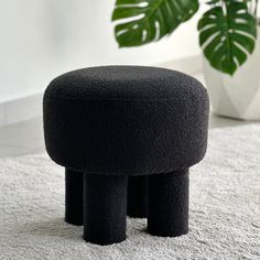 a black stool sitting on top of a white rug next to a potted plant