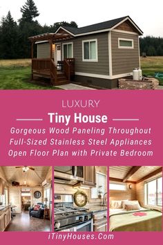 the tiny house is located in an open floor plan with private bedroom and living area