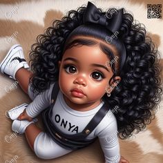 a digital painting of a baby girl with curly hair wearing a white shirt and black suspenders