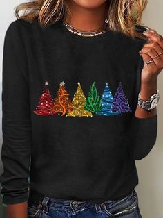 Women's Christmas Tree Cotton-Blend Crew Neck Casual Long Sleeve Shirt Tree Cotton, Womens Christmas Tops, Graphic Christmas, Khaki Style, Color Block Shirts, Christmas Clothes, Womens Christmas, Buy Shirts, Fashion Jackson