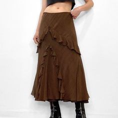 Asymmetrical Brown Boho Long Skirt Autumn Vintage Chiffon Ruffles Stitched Elegant Plaid Skirt Female Party Outfits Female Party Outfits, Boho Long Skirt, Ruffle Long Skirt, Skirt Streetwear, Streetwear Chic, Boho Lace, Long Skirts, Stunning Outfits, Chiffon Ruffle