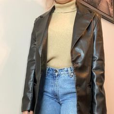 - No Noticeable Flaws Or Damage - Might Be Minor Scuffs/Or Tiny Little Marks From Being Packaged Or Buttoned For Listing - 2 Pockets; One On Each Side Of The Blazer - Brand New Without Tags - Tag Size Says Small - Perfect With Low Rise Flare Jeans And A Turtleneck With Ankle Boots - Length From Collar To Hem: 28.5” - Pit To Pit: 19” Model Is A Size Small, 34c And 5’5 Trendy Single-breasted Faux Leather Outerwear, Black Faux Leather Button-up Outerwear, Y2k Black Outerwear For Fall, Black Y2k Outerwear For Fall, Y2k Fitted Fall Outerwear, Trendy Blazer With Button Closure For Night Out, Trendy Black Outerwear With Double Button Closure, Coats Y2k, Shein Jackets