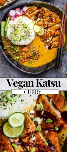 vegan katsu curry with chicken, rice and vegetables