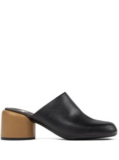 black/blue/brown leather smooth grain colour-block panelled design square toe branded insole low block heel slip-on style Block Heel Mules, Black Leather Mules, Design Square, Iconic Bags, Low Block Heels, Summer Beach Wear, Leather Mules, Colour Block, Ballet Flat Shoes