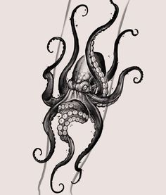 an octopus tattoo design on the back of a woman's arm, with black ink