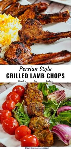 grilled lamb chops are served with salad and side dish on a white plate