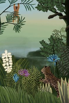 a painting of a jungle scene with a leopard in the foreground and blue flowers on the far side