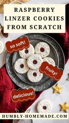 raspberry linzer cookies from scratch on a plate with the words, so soft delicious