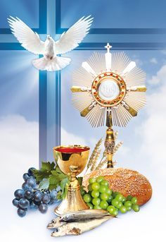 a cross, bread, grapes and a chalice with a dove above it on a blue background