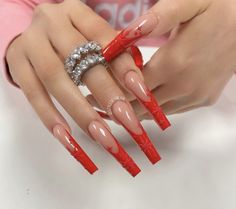 Acrylic Red Tips, Valentines Day Nails Matte, Nail Designs Red And Gold, French Tip Nails Winter, Christmas Nail Acrylic, Red And Gold Nails, Red Tips, Nail Acrylic