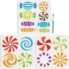 three coasters with different colored candies and candy canes on them next to a marker