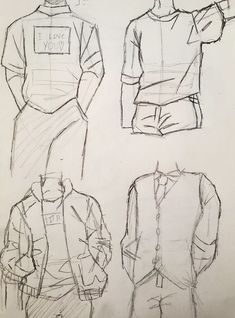 three sketches of men's clothing, one in the front and one in the back