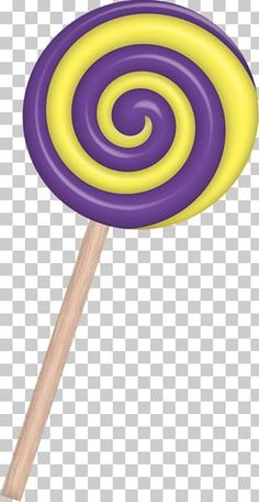 a purple and yellow lollipop sitting on top of a wooden stick png