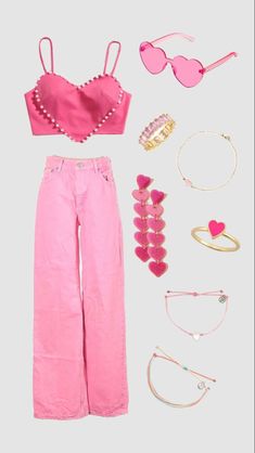 a pink outfit and accessories are laid out on the floor, including sunglasses, headbands, bracelets, necklaces