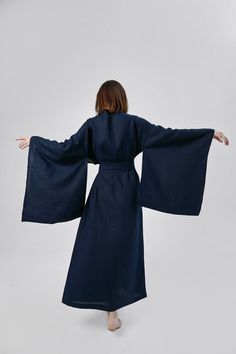 This exquisite Japanese kimono dress is the perfect gift for the special woman in your life - whether it's your girlfriend or wife. Crafted from high-quality linen, this long jacket effortlessly combines comfort and style. This versatile piece can be styled as a coat, a maxi boho cardigan, or a minimalistic linen robe, making it a must-have addition to any eco-friendly wardrobe. Wrapped dress with long traditional Japanese kimono sleeves is suitable for various occasions, for recreation and spec Long Sleeveless Kimono Winter, Traditional Long Kimono, Luxury Traditional Winter Kimono, Luxury Traditional Long Sleeve Kimono, Traditional Japanese Outfit, Traditional Japanese Fashion, Traditional Japanese Clothes, Fancy Kimono, Japanese Style Dress