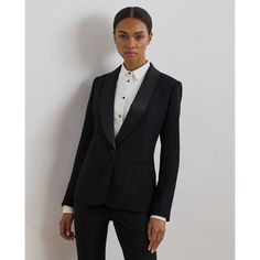 Crafted with smooth crepe this tuxedo-inspired blazer is designed with glossy satin shawl lapels and a sleek single-button silhouette. Sartorial details like waist darts and princess seams complete the look. Sleek Semi-formal Pantsuit With Pressed Crease, Elegant Semi-formal Pantsuit With Pressed Crease, Sleek Semi-formal Single Breasted Pantsuit, Sleek Semi-formal Single-breasted Pantsuit, Semi-formal Sleek Single Breasted Pantsuit, Sleek Single-breasted Semi-formal Pantsuit, Sleek Single Button Evening Outerwear, Luxury Long Sleeve Formal Pantsuit, Tailored Satin Blazer For Semi-formal Occasions