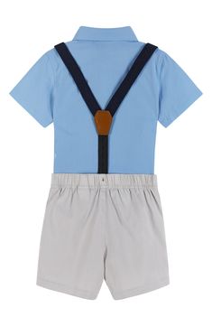 Cool comfort and sharp style are both on offer with this four-piece set that can be worn in any combination and re-paired with your kiddo's other fave outfits. Shirt has front-button closure Shorts have elastic waist; faux zip fly with button closure; suspender buttons Bow tie is pre-tied; adjustable Suspenders are removable with adjustable straps Shirt is 50% rayon, 50% polyester; shorts are 97% cotton, 3% spandex Machine wash, tumble dry Imported Classic Cotton Sets For Summer, Fitted Cotton Sets With Short Shape, Classic Cotton Summer Sets, Classic Summer Workwear Sets, Classic Blue Short Sleeve Set, Summer Fitted Button-up Sets, Light Blue Fitted Short Sleeve Sets, Spring Short Sleeve Button-up Shirt With Welt Pockets, Blue Button-up Cotton Shorts