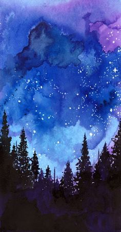 a painting of the night sky with stars and trees on it, painted in acrylic paint