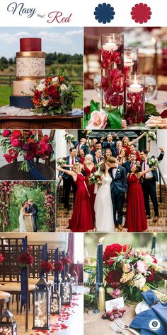 a collage of photos with red and blue wedding decorations, flowers, and candles