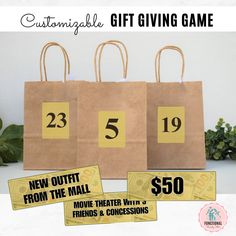 three brown paper bags with numbers on them and the words, $ 50 giveaway game