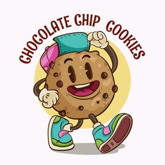 chocolate chip cookies character running and smiling with the words chocolate chip cookies in front of it