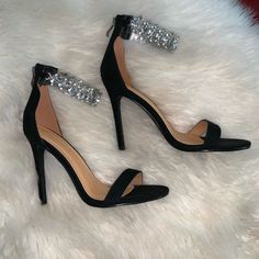 Beautiful Rhinestone Strap Suede Black Heels. They Are Beautiful Elegant Shoes, Back Zipper, 4.5” High, I Got The Shoes Altered On The Back By The Zipper For Better Comfort See The Last Photo - Nwt Embellished Ankle Strap Heels For Night Out, Ankle Strap Heels With Rhinestones For Night Out, Rhinestone Ankle Strap Heels For Night Out, Bling Heels For Night Out With Round Toe, Night Out Heels With Bling, Cocktail Heels With Rhinestones And Ankle Strap, Ankle Strap Heels With Bling For Night Out, Bling High Heels For Formal Occasions, Formal High Heels With Bling