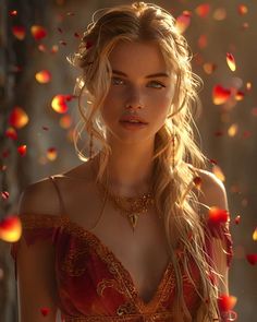 a woman with long blonde hair wearing a red dress and gold jewelry, surrounded by rose petals