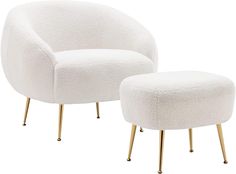 a white chair and ottoman with gold legs