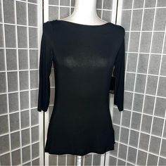 Adrienne Vittadini Black Blouse Brand New Size Small Smoke Free Home Excellent Clean Condition Black Fitted Top For Formal Occasions, Black Fitted Formal Top, Elegant Black Blouse With Crew Neck, Black Stretch Blouse For Formal Occasions, Formal Black Stretch Blouse, Formal Black Fitted Blouse, Elegant Solid Color Top With 3/4 Sleeves, Elegant Black Stretch Tops, Elegant Black Crew Neck Top