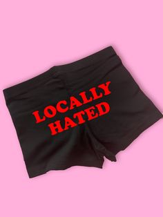 Locally Hated Booty Shorts | Custom Bike Shorts | Y2K Shorts | Cute Shorts | Funny Shorts | Y2K Bike Shorts | Gift For GF Comfy Shorts to Lounge in! Actual item may be lighter/darker than pictured. M A T E R I A L S - 95% Cotton / 5% Spandex - Thick and Heavy Stretch Fit - Available In Sizes S-3XL S I Z I N G - Size chart is available on our listing photos. S H I P P I N G  &  P R O D U C T I O N  T I M E - Production Time is 5 Business Days. (May be delayed during the Holiday Season) - Shipping Extreme Short Shorts, Shorts With Words On Back, Fitted Cotton Boxer Briefs For Streetwear, Summer Fitted Boxer Briefs With Letter Print, Casual Boxer Briefs With Built-in Shorts, Stretch Short Boxer Briefs With Letter Print, Stretch Boxer Briefs With Letter Print, Fitted Letter Print Boxer Briefs For Summer, Summer Letter Print Short Boxer Briefs