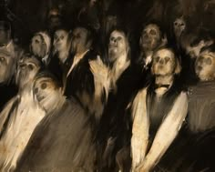 an oil painting of many people dressed in black and white