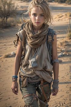 a woman walking across a dirt field in the middle of the desert with her scarf around her neck