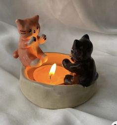 two cats in a bowl with a lit candle