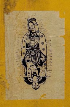 a drawing on the side of a yellow wall