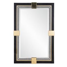 an art deco mirror with black and gold trimmings on the edges, in front of a white background