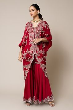 Burgundy gathered kite style top with mirror, swarovski, metallic sequin, studs and pearl embroidery. Paired with scallop border embroidered gharara. - Aza Fashions Red Georgette Sharara For Reception, Gathered Top, Scallop Border, Pearl Embroidery, Women Kurta, Red Mirror, Set Women, Flared Sleeves, Aza Fashion