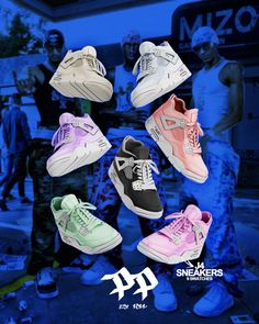 an advertisement for sneakers featuring different colors and sizes