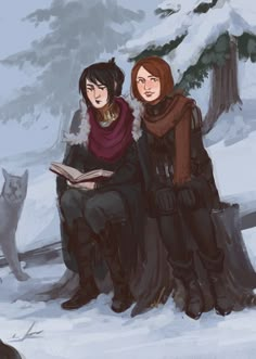 two people are sitting in the snow and one is reading a book while the other looks on