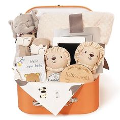 a baby's gift basket with stuffed animals and books in an orange container on a white background