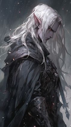 the white haired man with long hair is standing in the rain, wearing black armor and holding