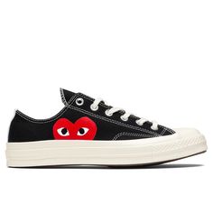 THIS PRODUCT IS IN MEN'S SIZING. CHUCK TAYLORS RUN ABOUT 1/2 SIZE LARGE, WE RECOMMEND SIZING DOWN. THIS PRODUCT DOES NOT QUALIFY FOR ANY DISCOUNTS OR SPECIAL PROMOTIONS. The concept of the Comme des Garcons PLAY line is design by not designing. Characterized by the iconic red heart logo designed by artist Filip Pagowski, the line is a collection of unisex basics for those who enjoy simplicity. An extension of the PLAY collection is an ongoing collaboration with Converse. Pictured is the Converse Converse Shoes With Heart, Cdg Shoes, Red Heart Converse, Converse Garcons Outfit, Converse Heart Shoes, Commes Des Garcons, Converse Cdg, Comme Des Garcons Shoes, Heart Converse