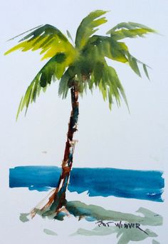 a watercolor painting of a palm tree on the beach with blue ocean in the background