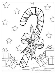 a candy cane with presents on it and stars in the sky behind it coloring page