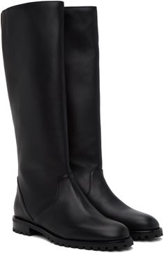 Handcrafted knee-high buffed calfskin boots in black. · Pull-loop at heel collar · Crinkled leather lining · Stacked leather heel · Treaded rubber sole Supplier color: Black Manolo Blahnik Black, Black Boots Tall, Tall Boots, Manolo Blahnik, Leather Heels, Black Boots, Knee High, Calf Skin, Rubber Sole